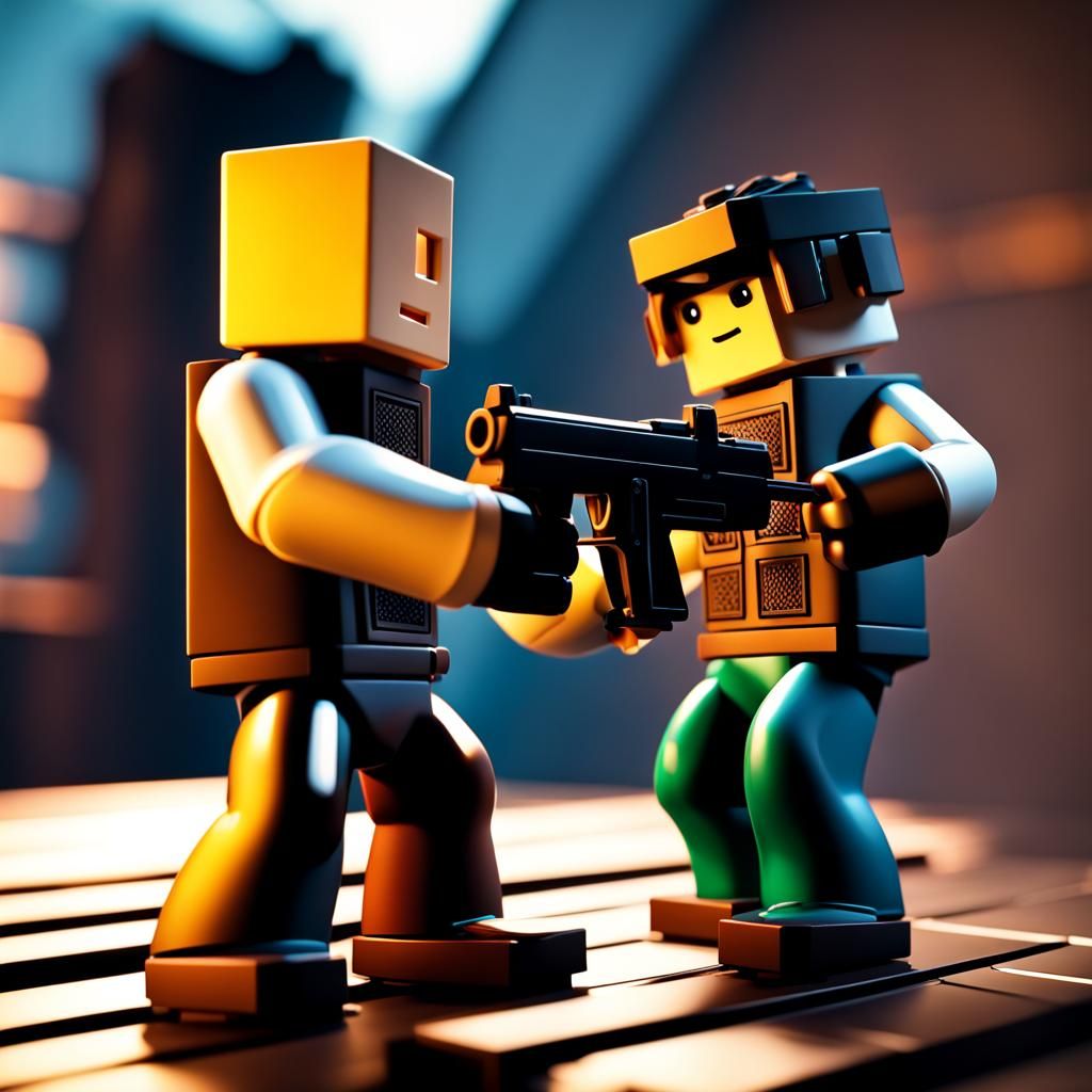 Roblox Characters Gun Fight in Hyperrealistic Style