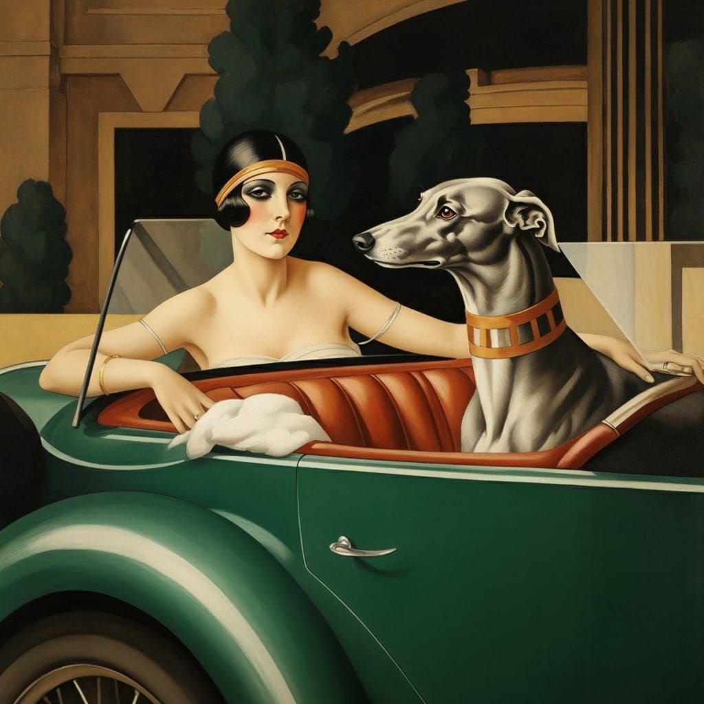 5 Images (3): A woman and a greyhound dog sitting in a car, ...