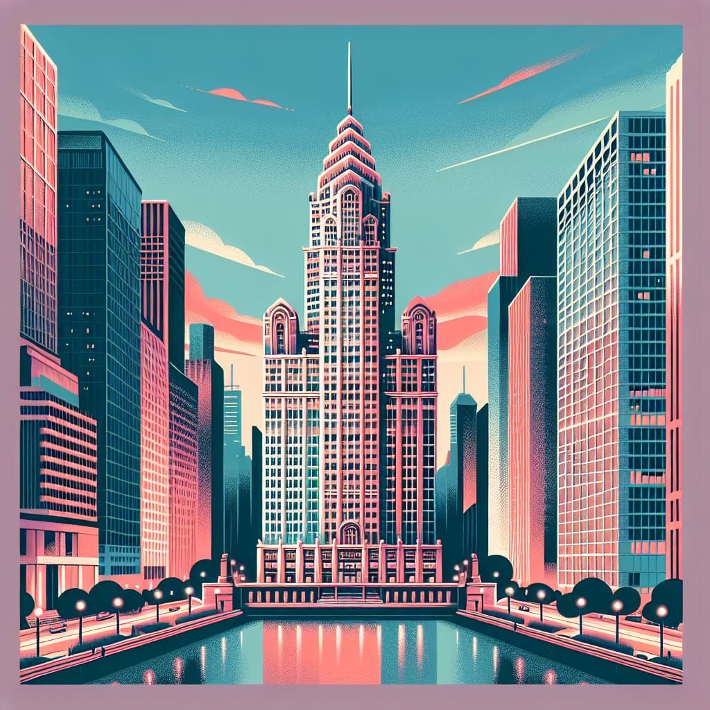 Chicago Skyscraper Travel Poster in Flat Vector Art