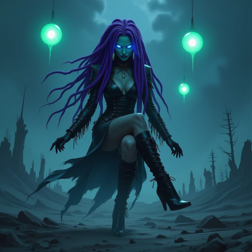 Alien Witch with Blue Eyes and Purple Dreadlocks in Wastelan...