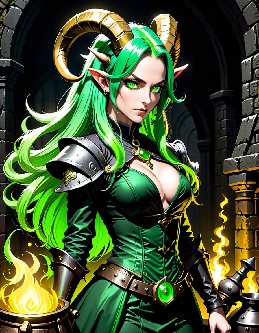 Green-Haired Tiefling Alchemist in Comic Book Style