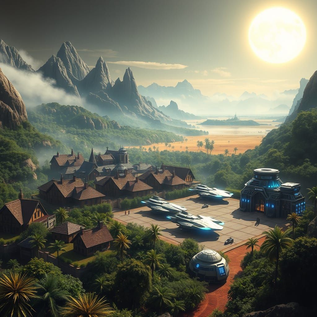 Medieval French Cityscape on a Lush Alien World with Futuris...