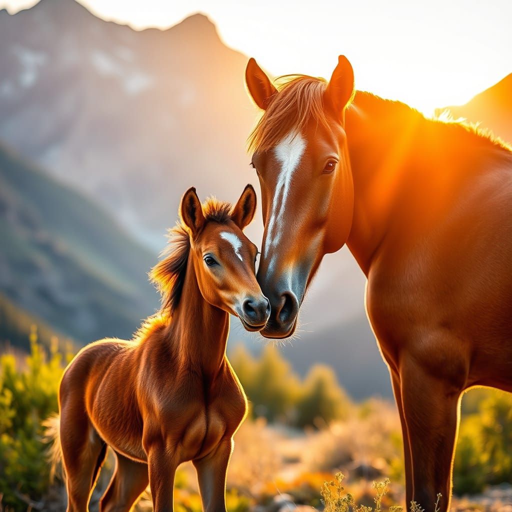 Majestic Brown Foal and Mother Horse in Mountain Landscape