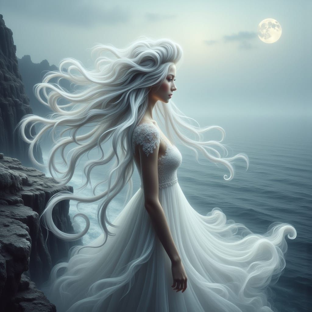 Ethereal Woman with Silver Hair Overlooking Tranquil Sea