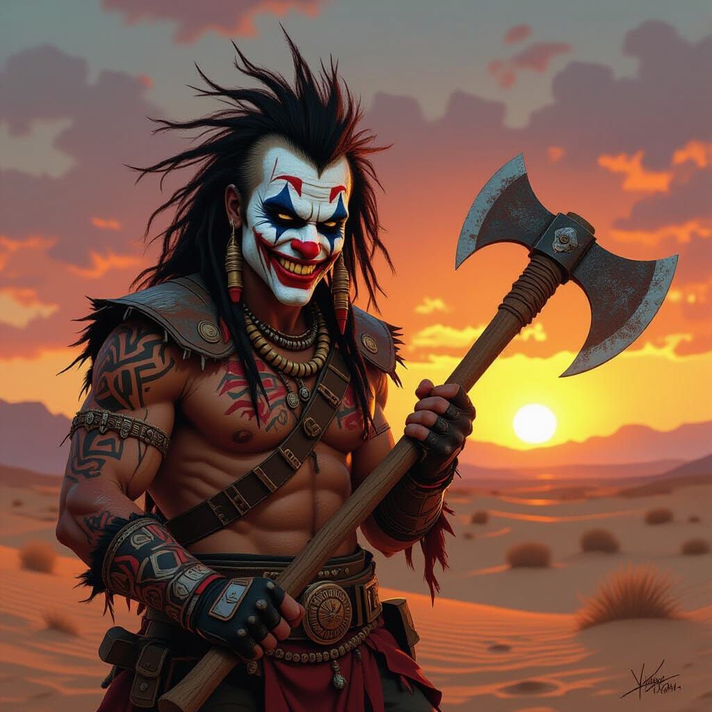 Mad Max Warrior with Joker Face Paint in Desert Sunset