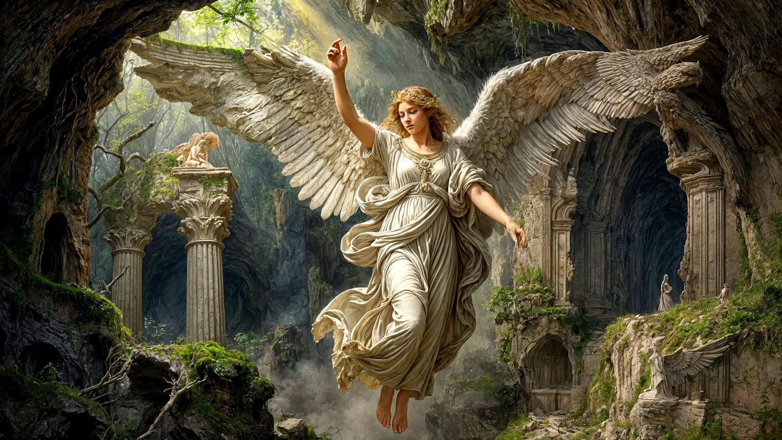 Angel Descends into Sunlit Ruined Cavern