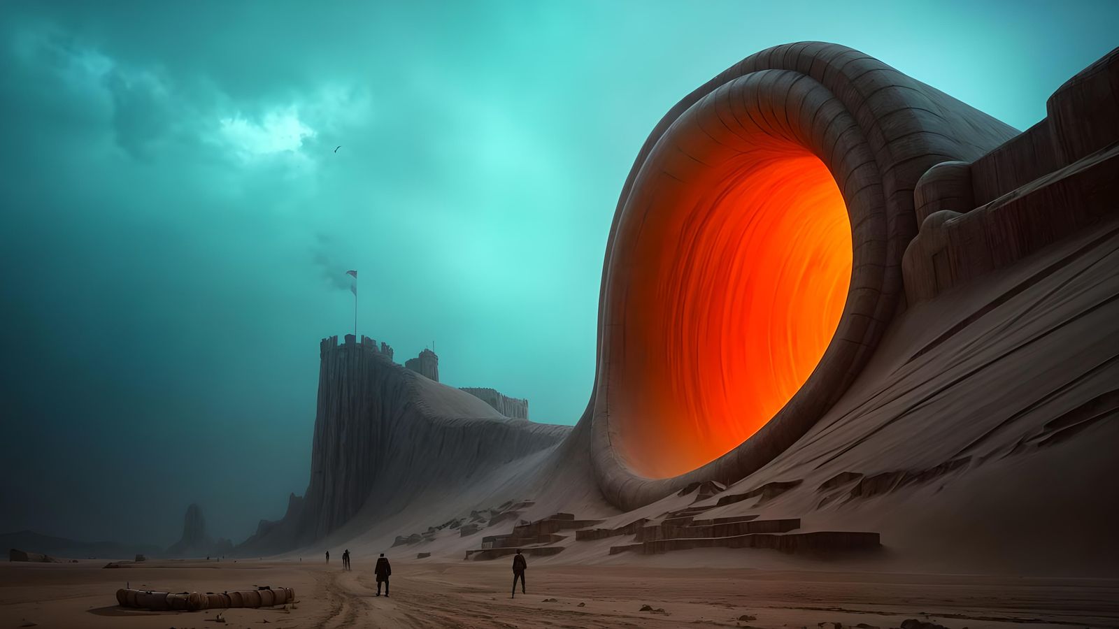 Colossal Sandworm Erupts Near Desert Sandcastle