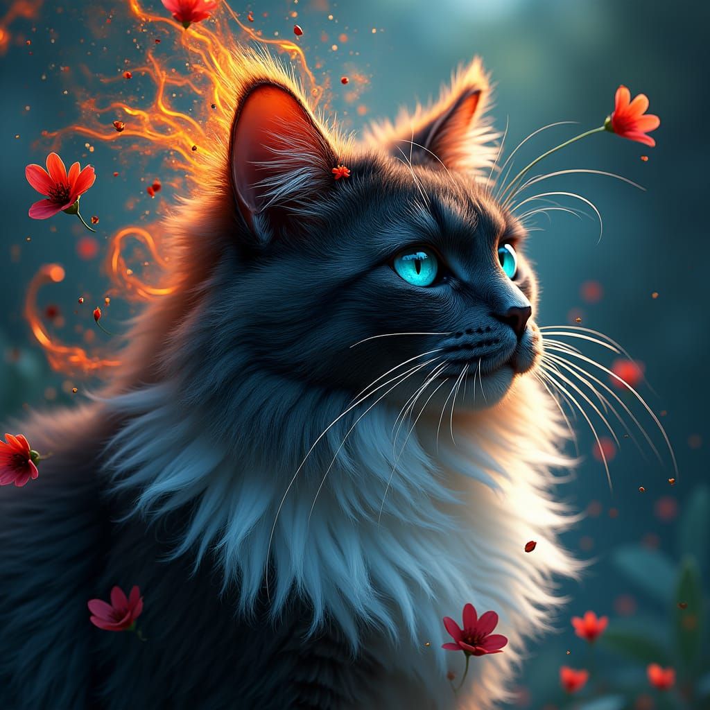 Floral Fire Cat Portrait in Digital Art Style
