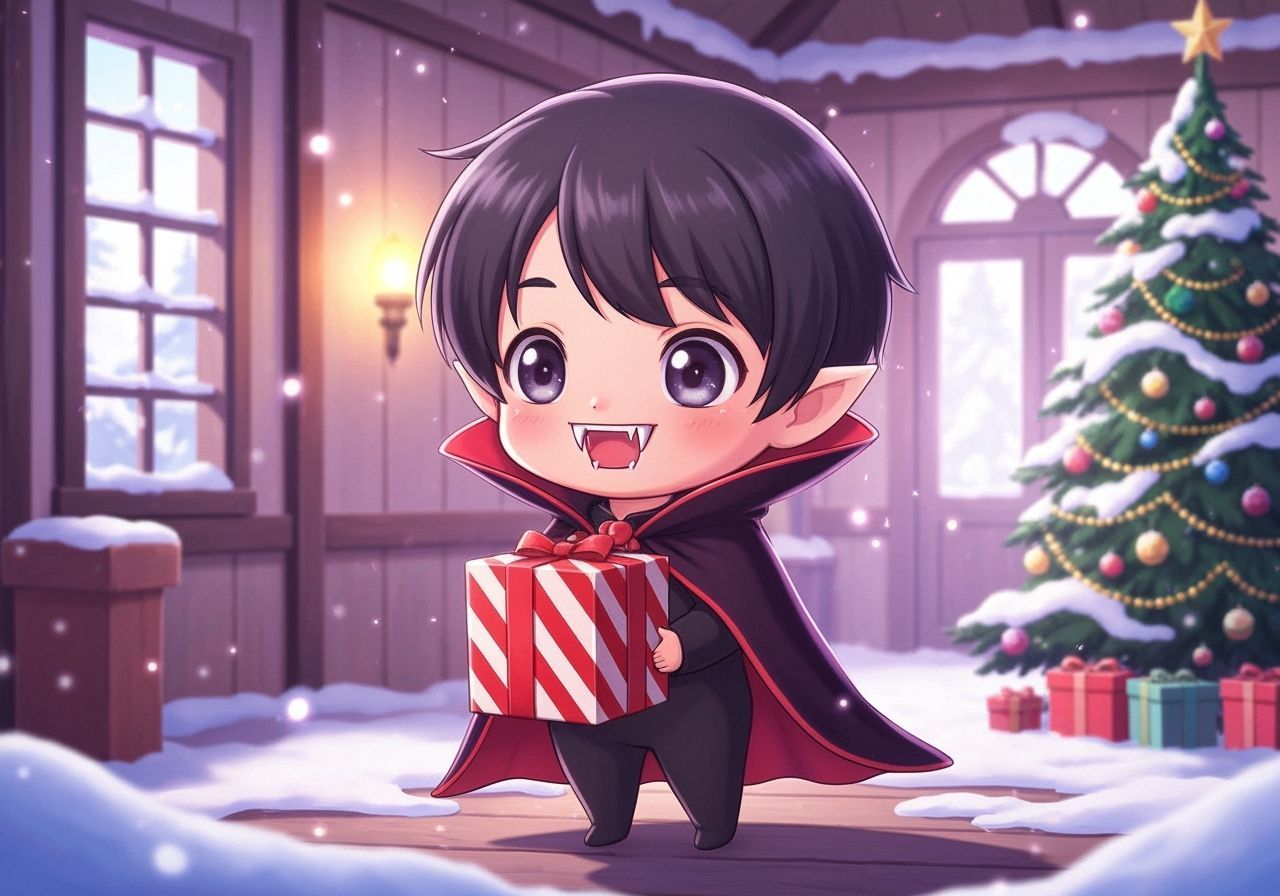 Chibi Vampire with Christmas Present in Cozy Cottage
