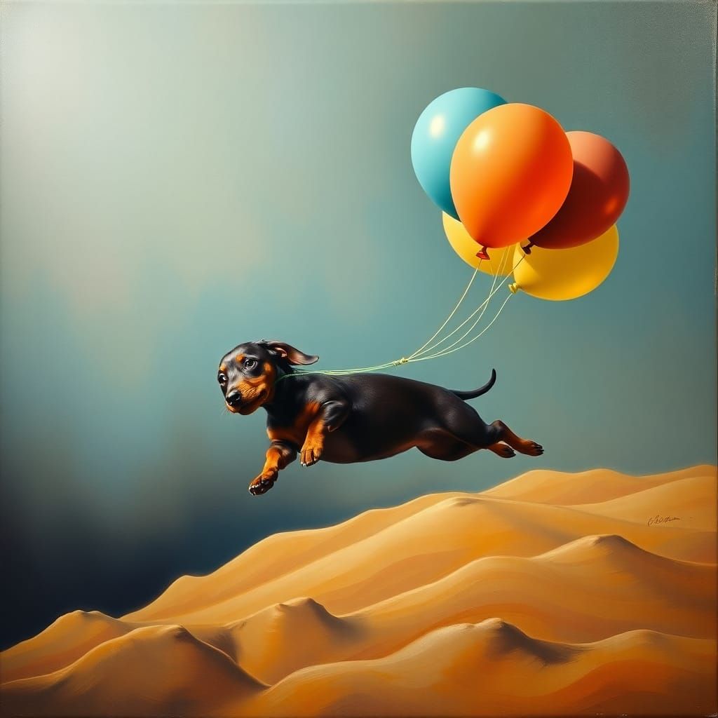 Surreal Dachshund Puppy Floats with Balloons as Oil Painting