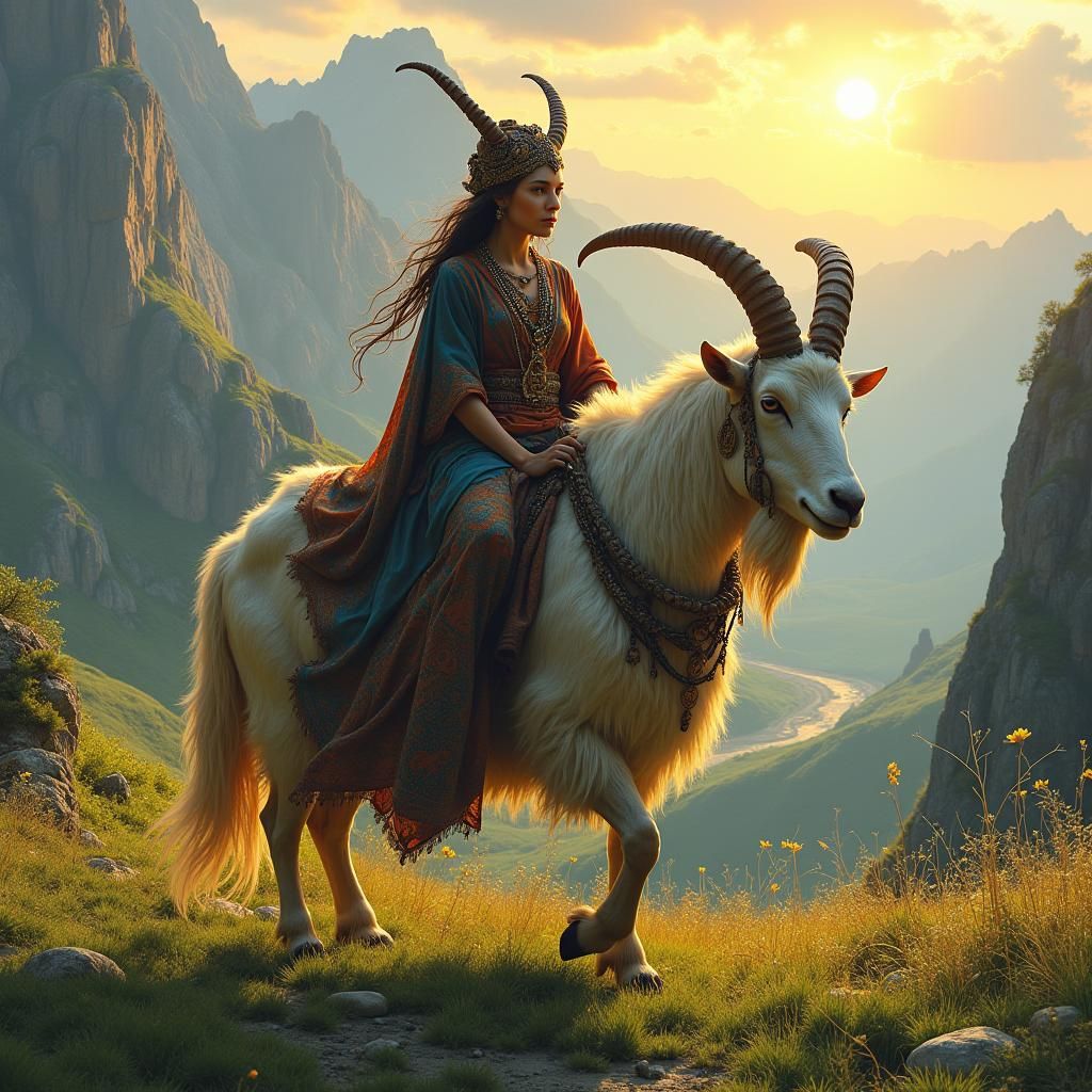 Mystical Rider on Horned Goat in Mountain Landscape