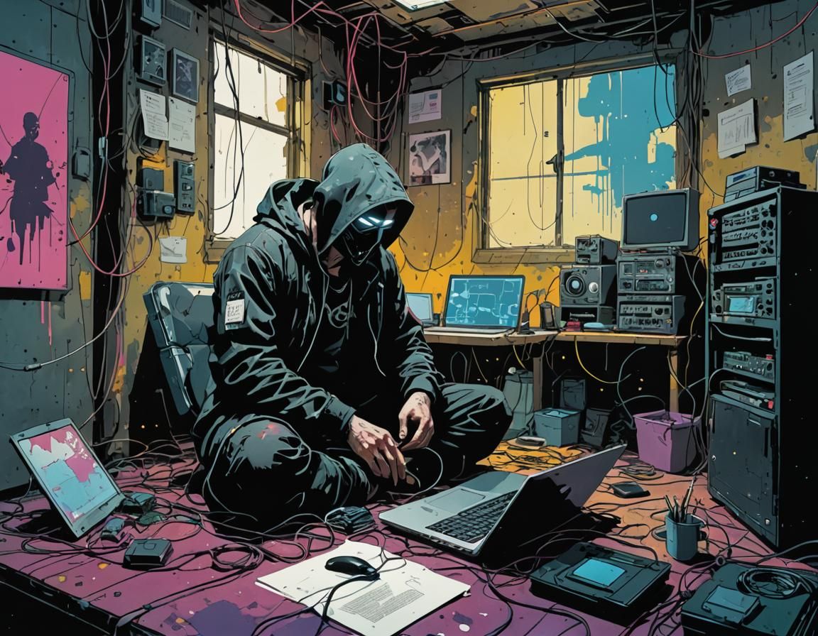 Cyberpunk Hacker at Laptop in Expressionist Ink Drawing