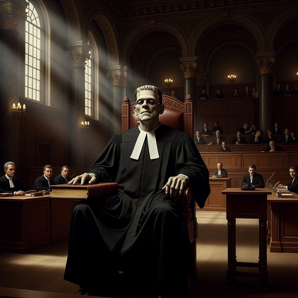 Frankenstein Presiding as Judge in Courtroom, Cinematic Ligh...