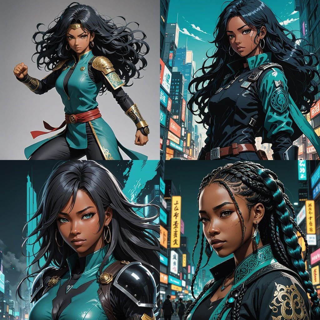 African American College Girl in Cyberpunk Anime Attire