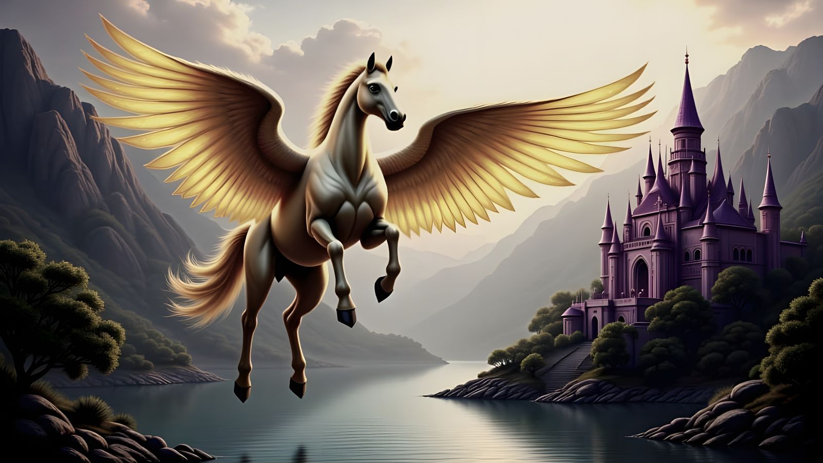 Majestic Golden Pegasus Soars Over Enchanted Valley