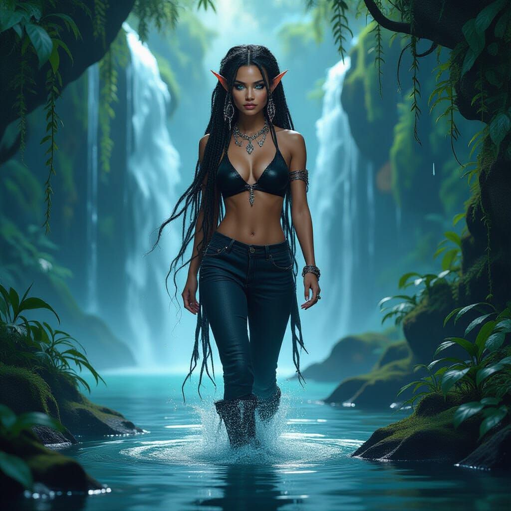 Emerald Elf with Sapphire Eyes in Ancient Forest Waterfall