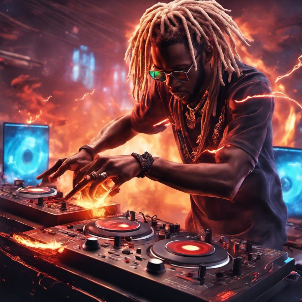 Anime DJ Smashing Controller in Fire: 3D Render