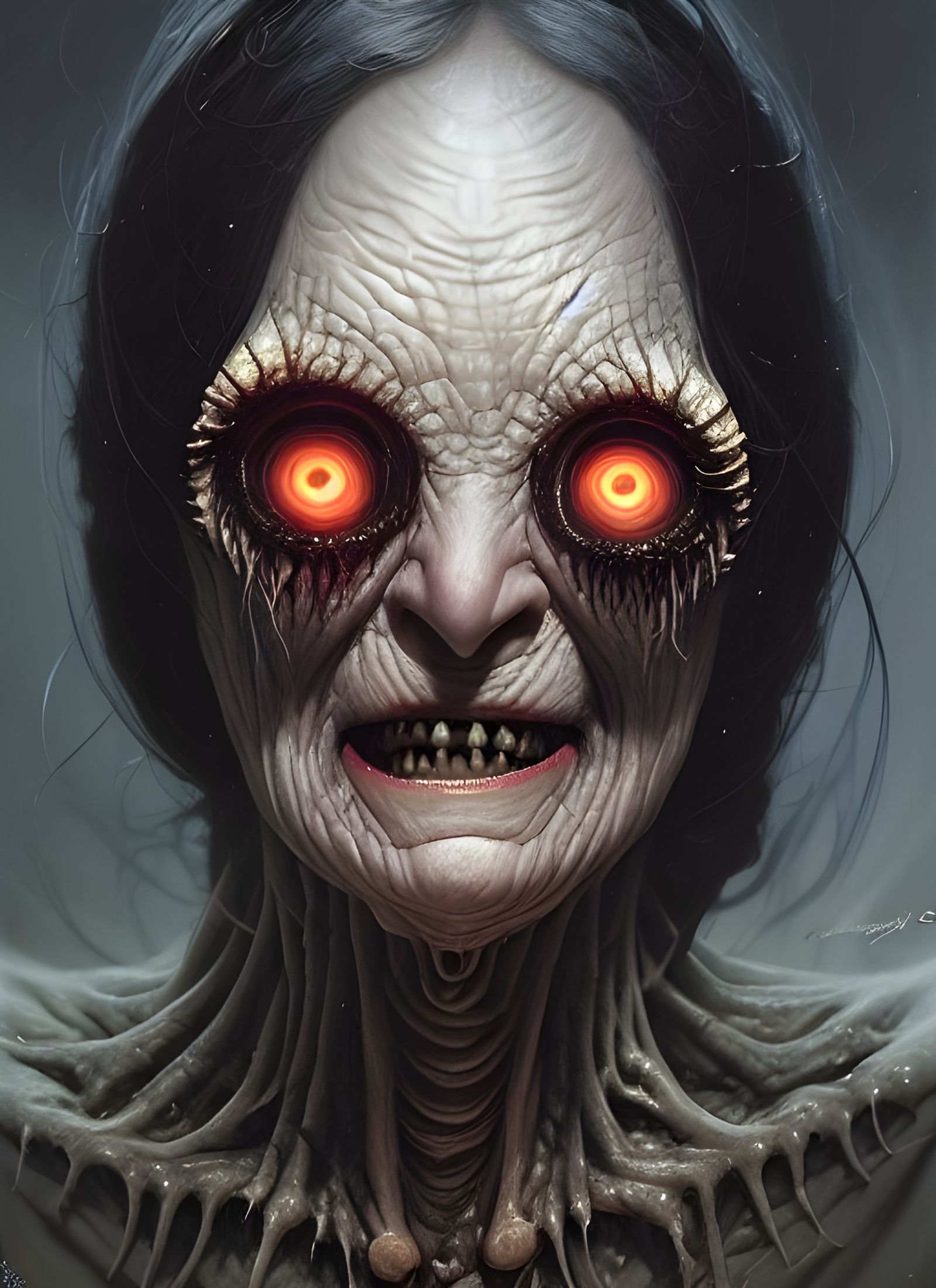 Creepy Old Hag with Glowing Eyes: Gouache Painting