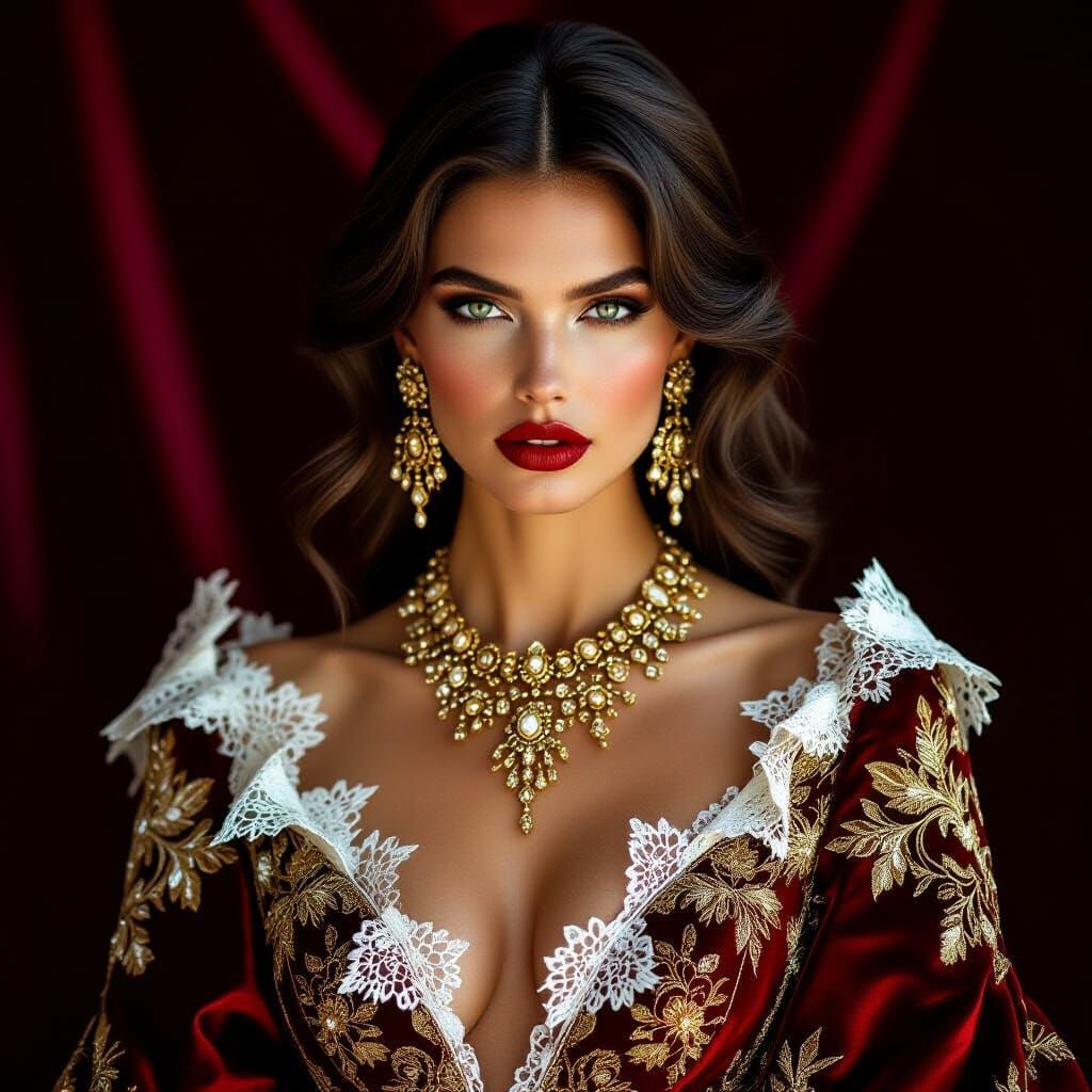 Elegant Brunette in Red and Gold Avant-Garde Gown