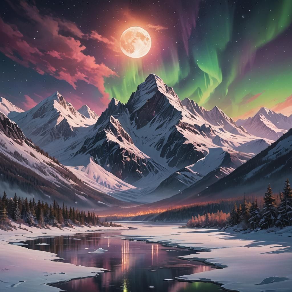 Aurora Borealis Reflecting on Snowy Mountains