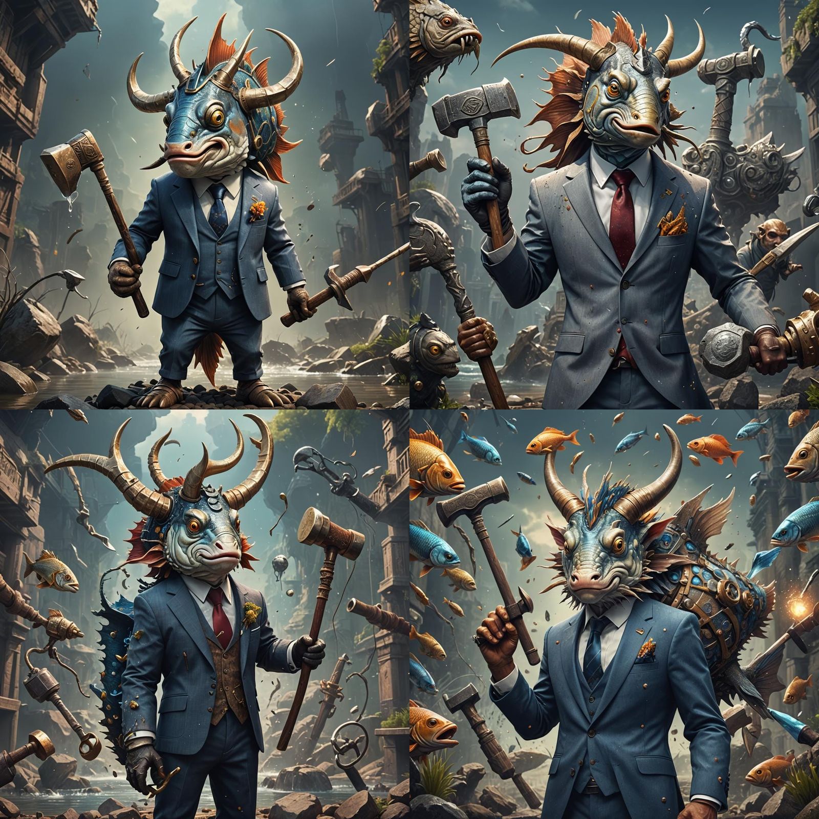 Fish in Human Form with Hammer, Detailed Digital Art