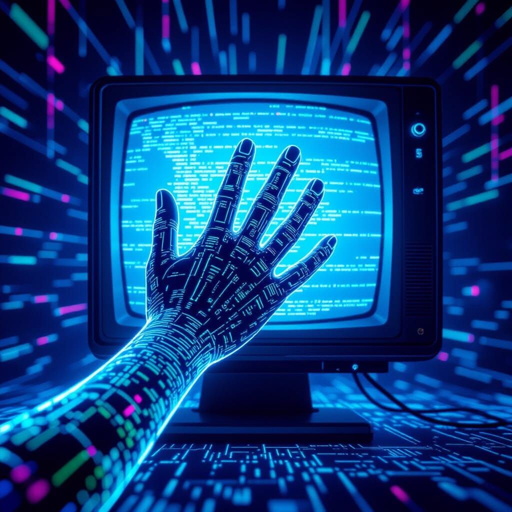 Ethereal Code Hand Emerges from Vintage Monitor