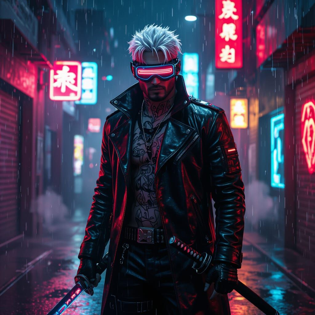 Cyberpunk Man in Neon Alley with Cyber Katana