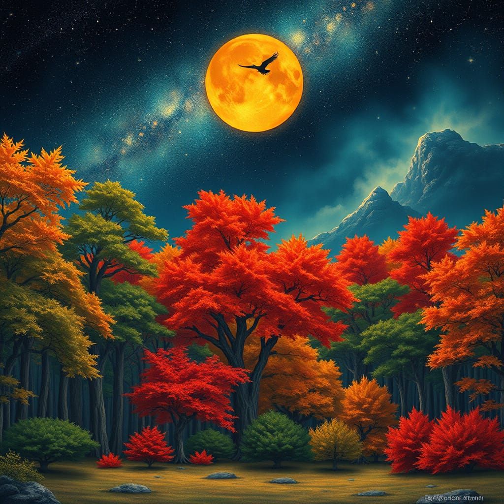 Ethereal Battalion of Trees Under Starry Night Sky