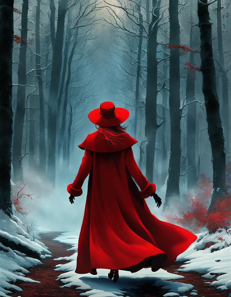 Carmen San Diego. Wearing a long red flowing coat and a wide brim red hat, running away from the camera into the fores...