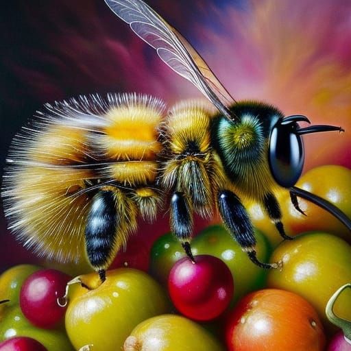 Happy Bee with Fruits, Fantasy Digital Painting