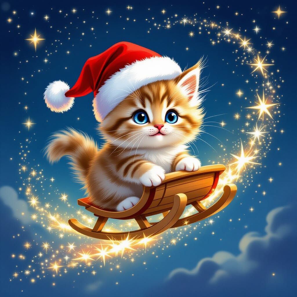 Fluffy Kitten Flies Sled Through Starry Night Sky