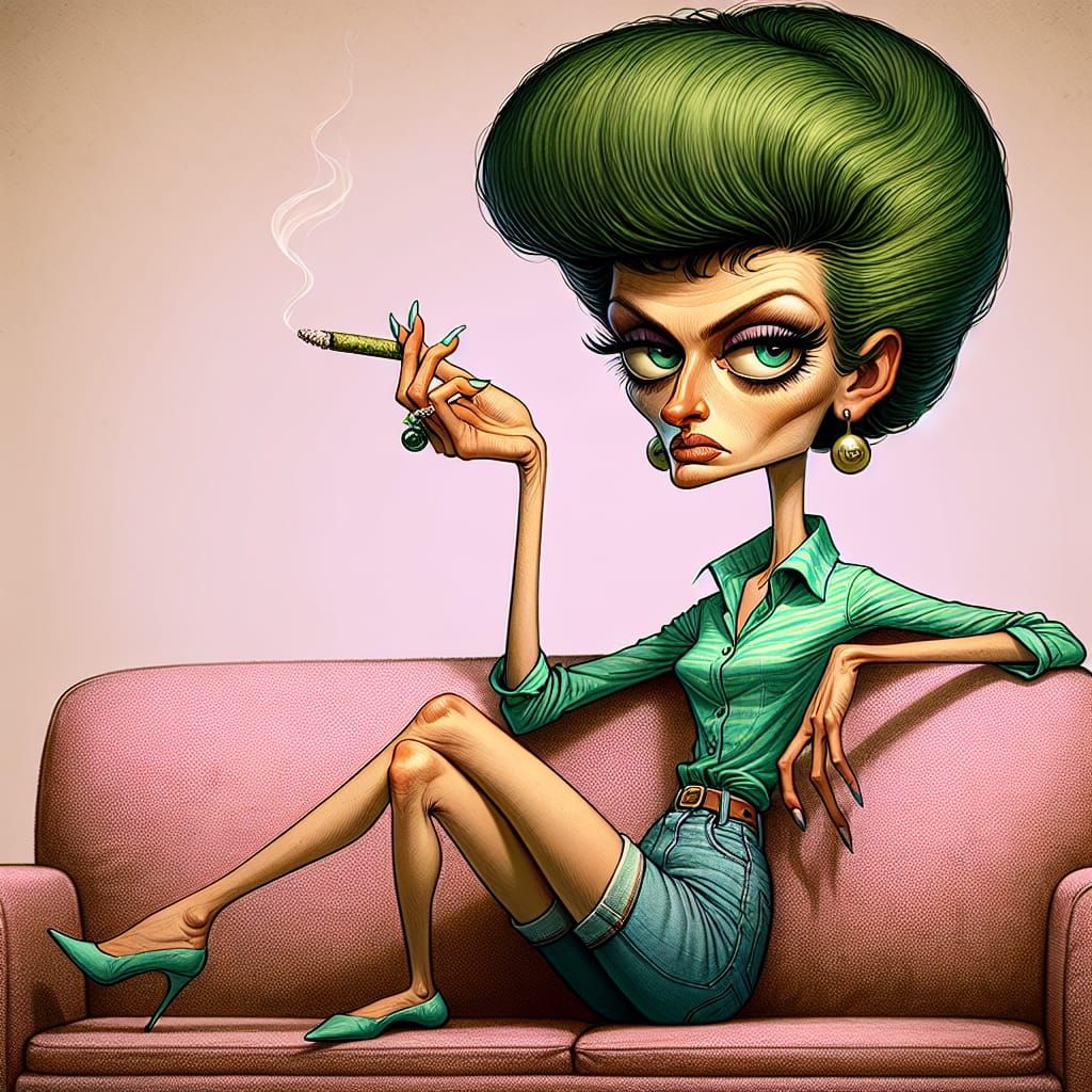 Cartoon Woman with Green Hair Relaxing on Pink Couch