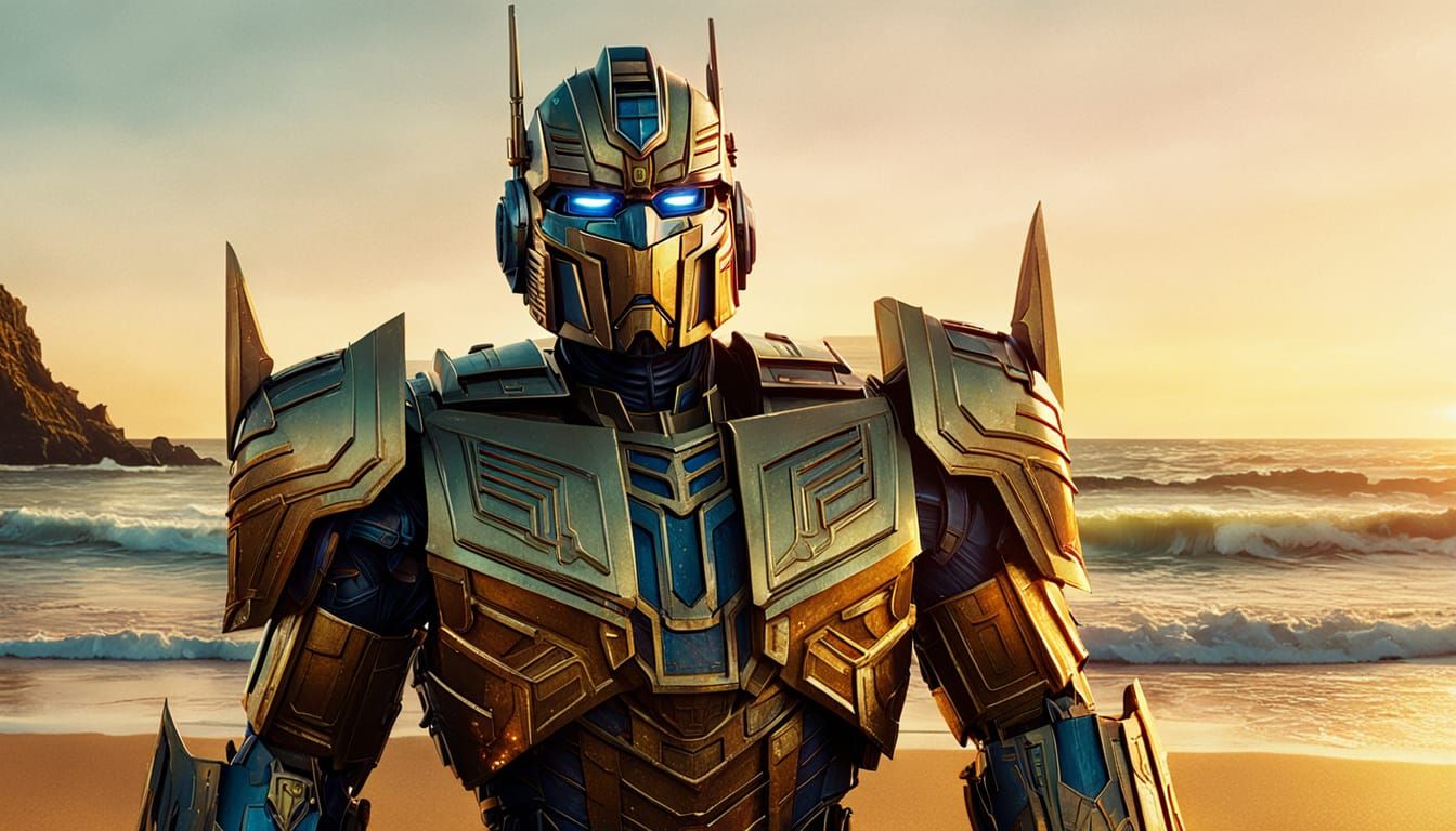 Epic Optimus Prime in Golden Armor at Sunset Beach