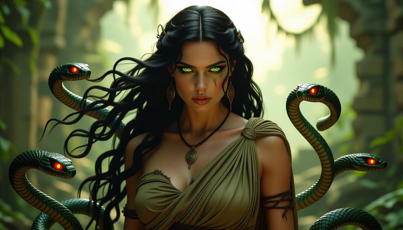 Sensual Medusa in Ruined Forest, Realistic Fantasy