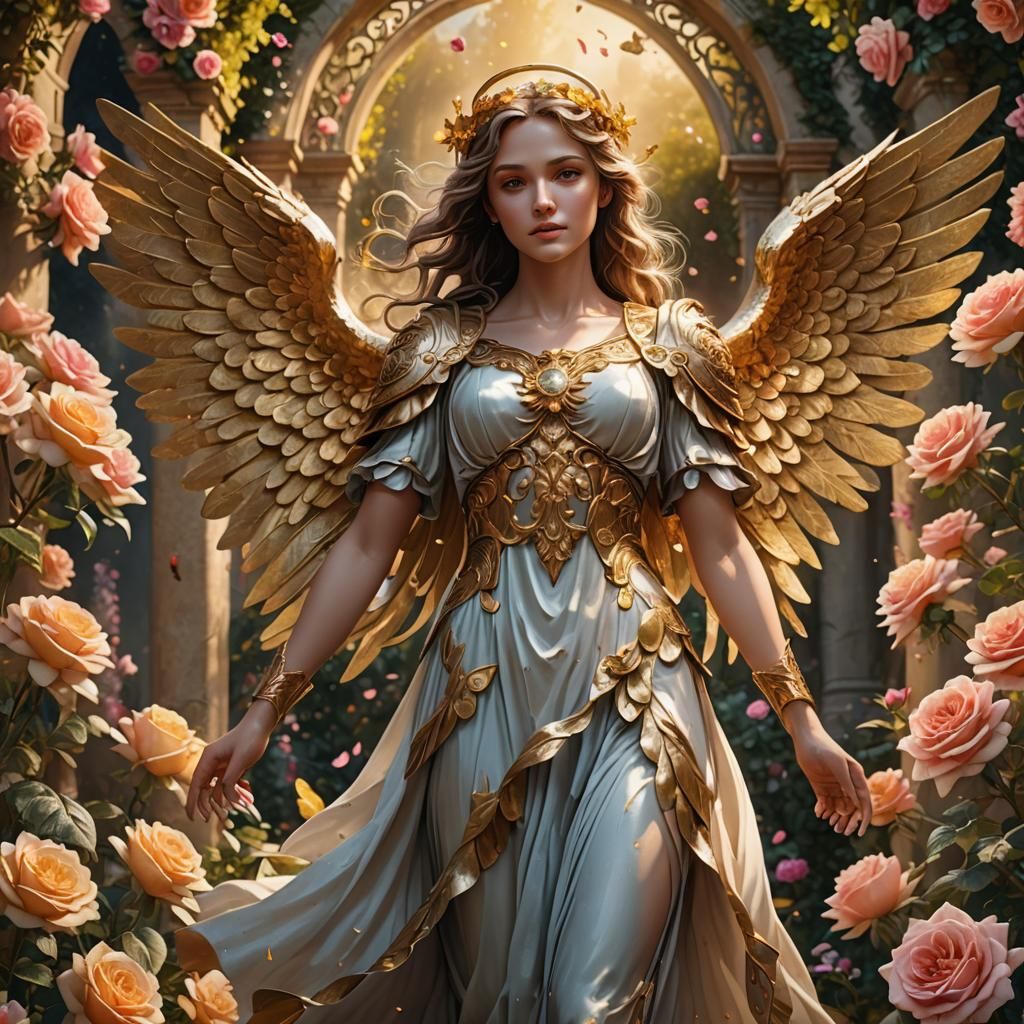 Golden-Winged Angel in Rose Garden: Fantasy Art