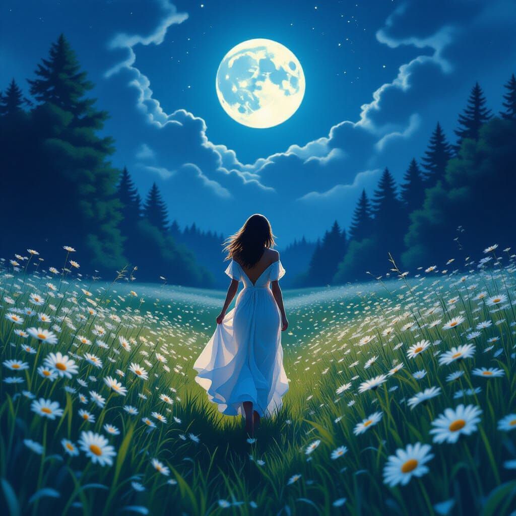 Ethereal Moonlit Meadow Scene in Digital Art Style