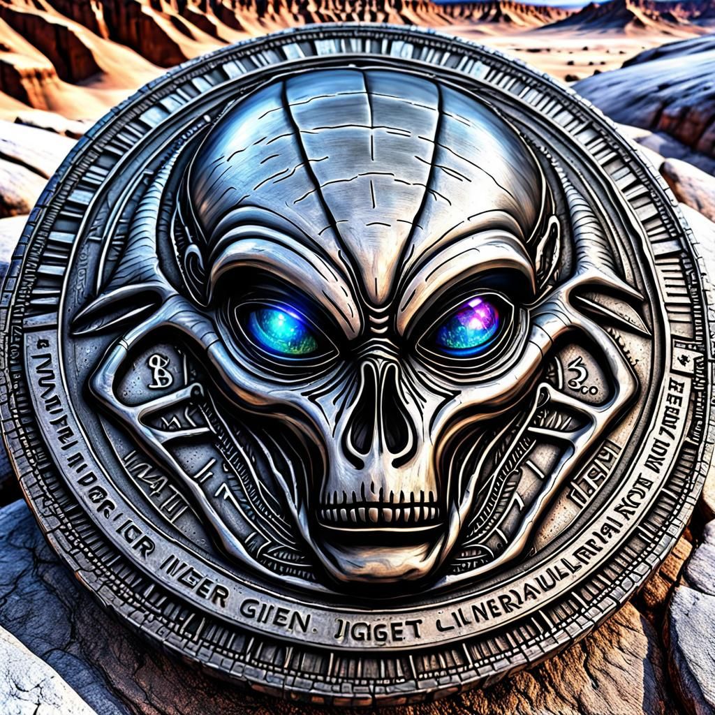 Silver Alien Coin in Desert Canyon