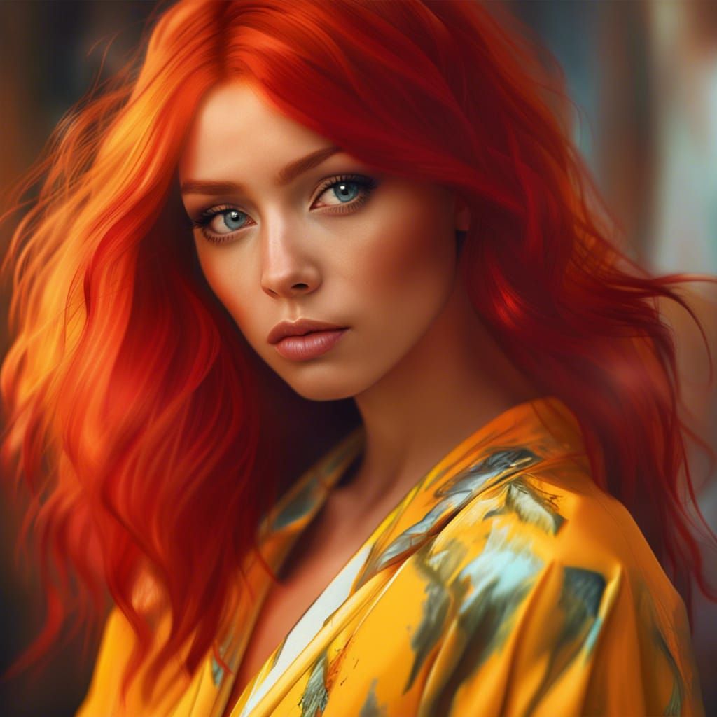Red-Haired Woman in Yellow Robe: Realistic Photo