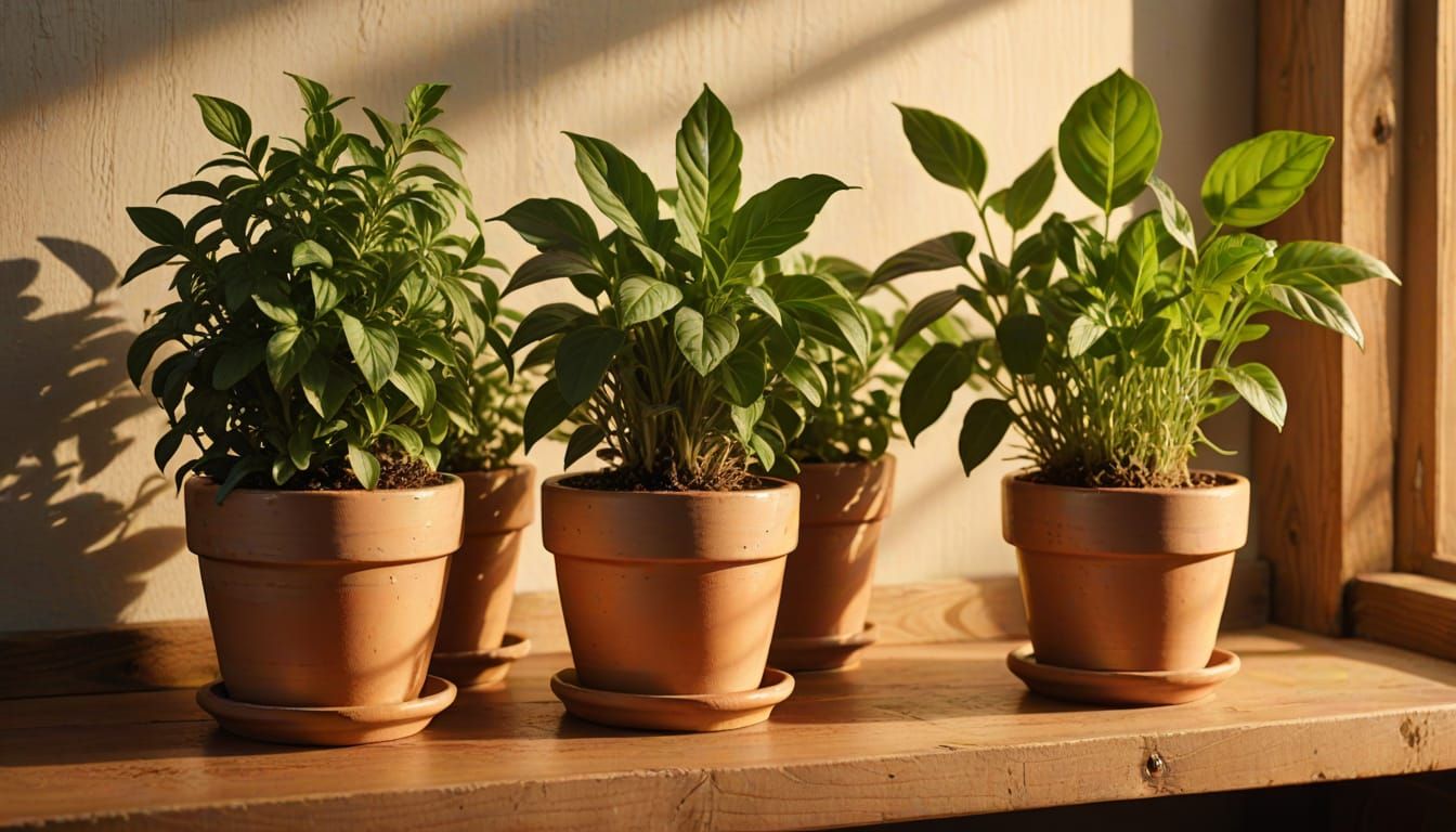 Three Potted Herbs on Wooden Shelf in Golden Hour Lighting