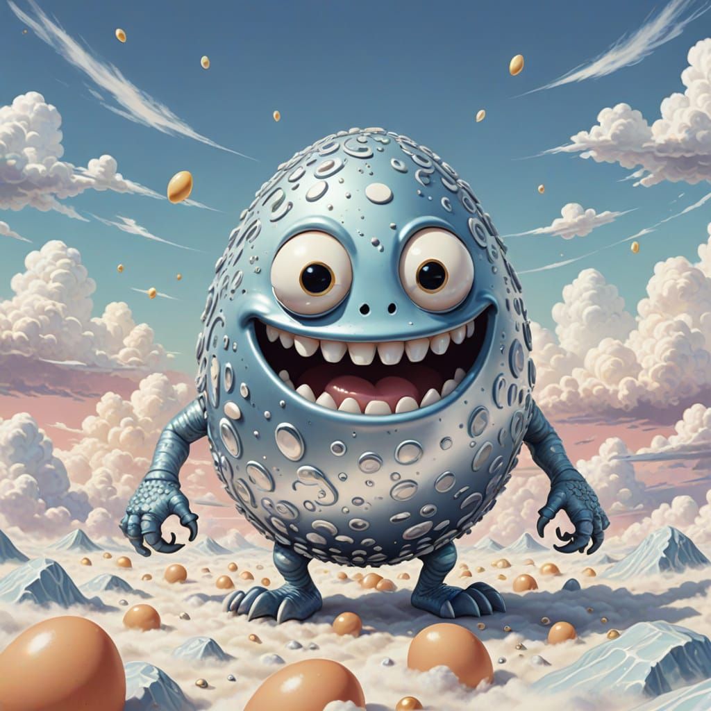 Friendly Egg Monster Running in Whimsical Style