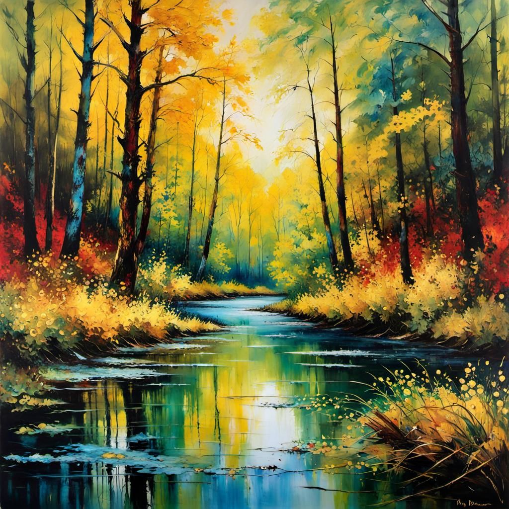 Forest and Lake in Encaustic Impasto Style