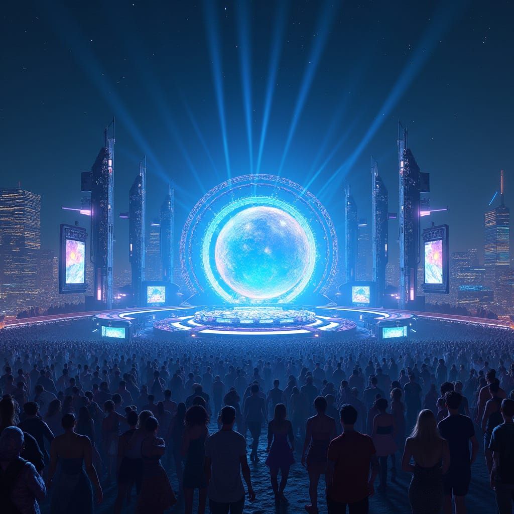 Moonlit EDM Concert in Futuristic Cityscape