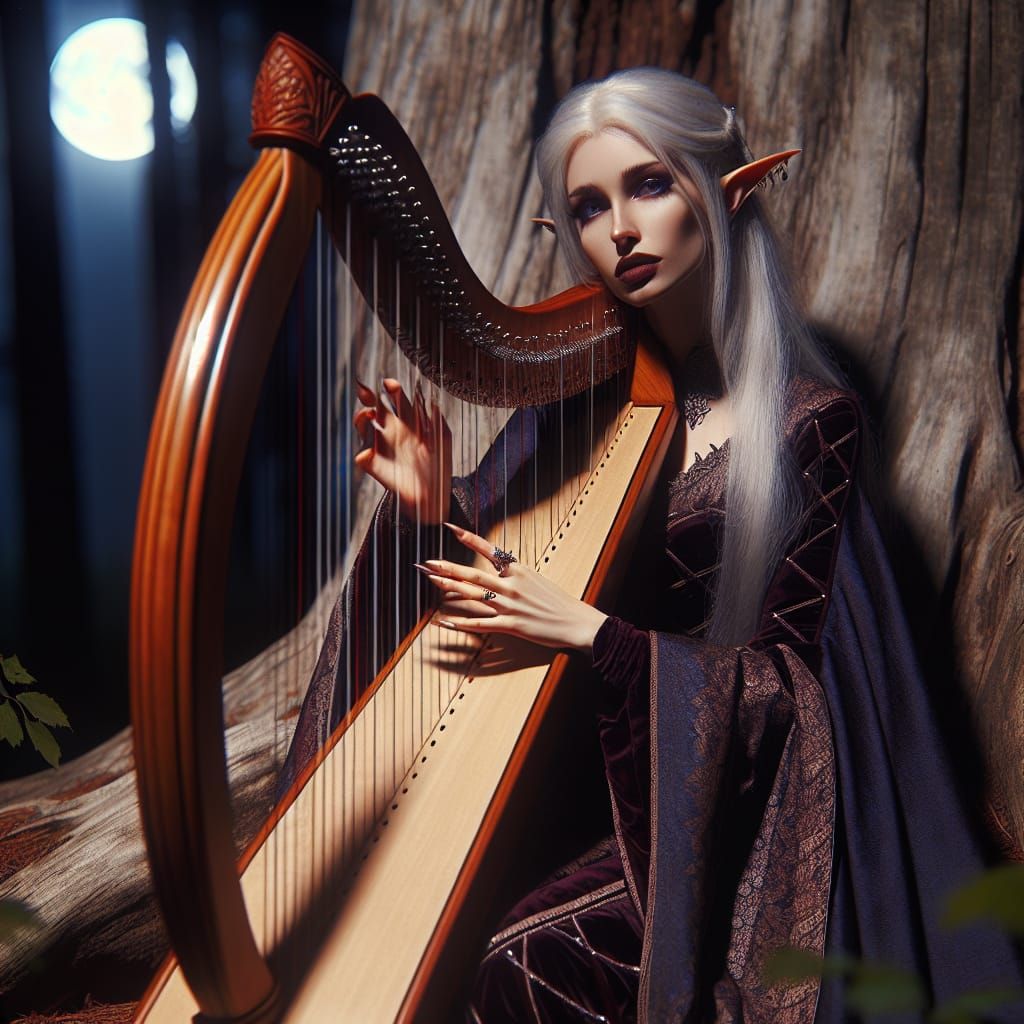 Dark Elf Serenading the Night in Elegant Moonlit Splendor