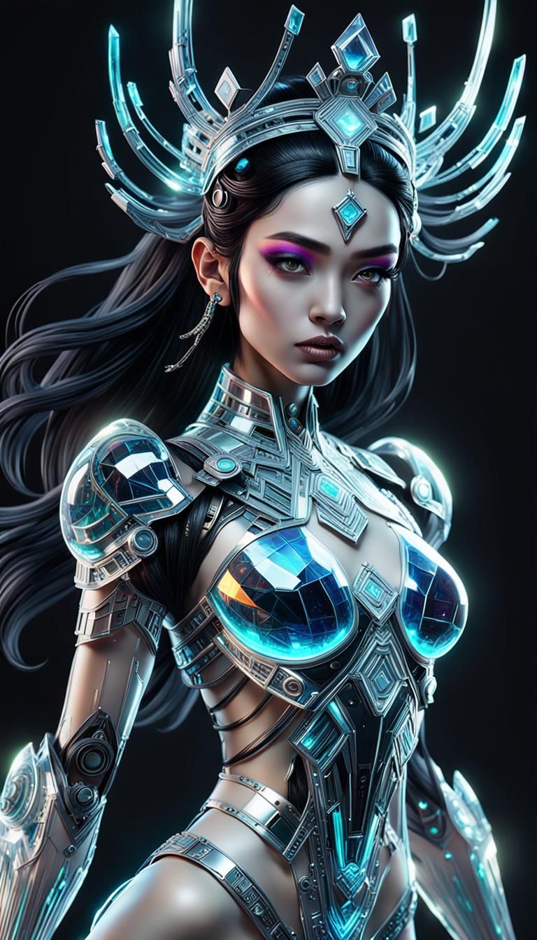Neon Crystal Warrior Princess in Holographic Style