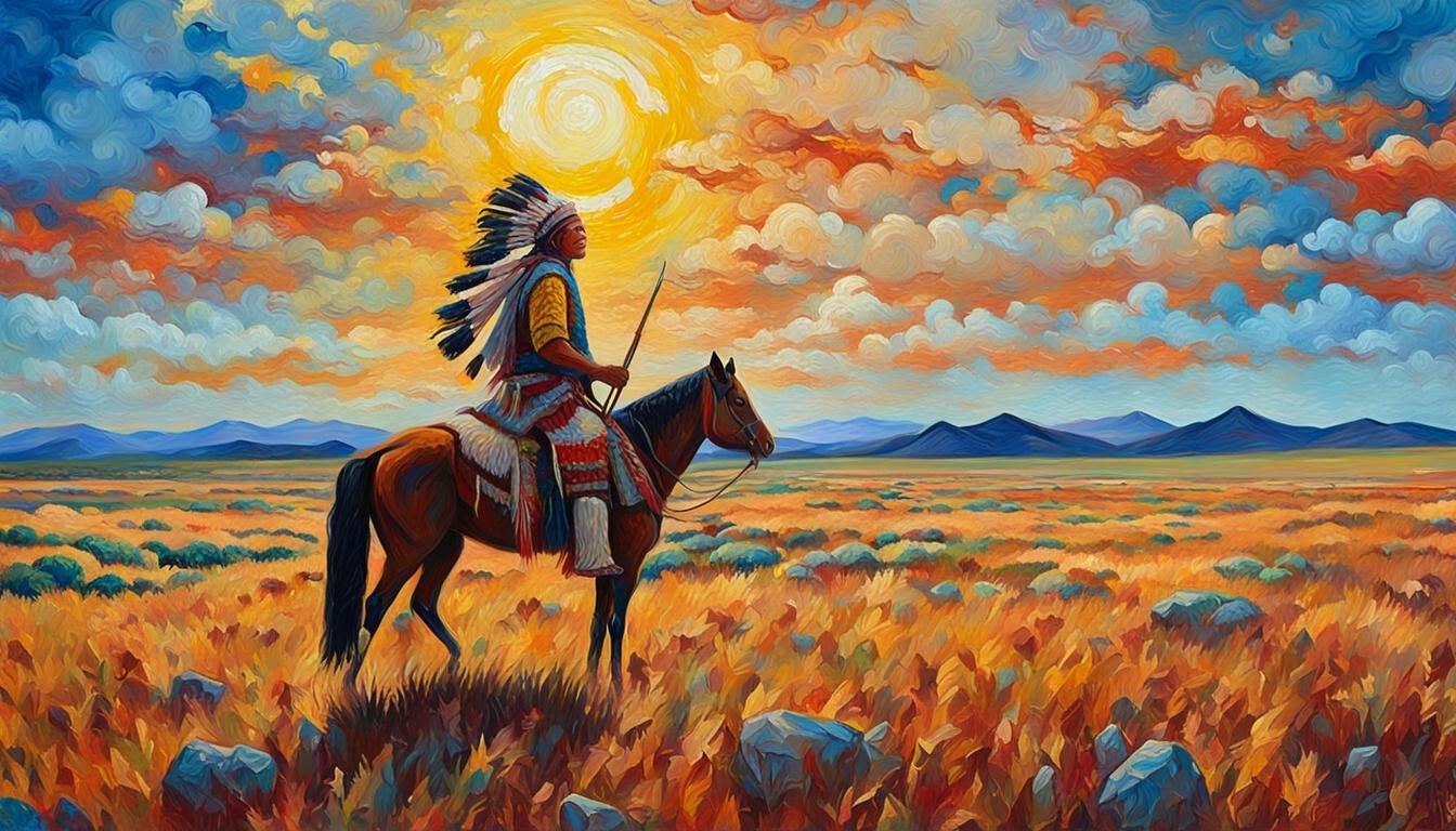 Cheyenne Warrior on Plains in Expressionist Oil Painting