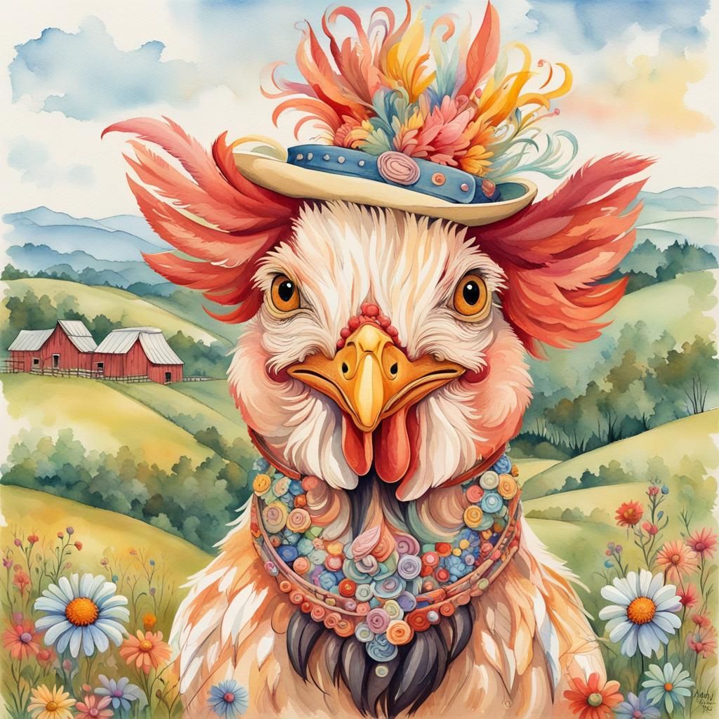 Cartoon Rooster in Countryside: Watercolor Painting