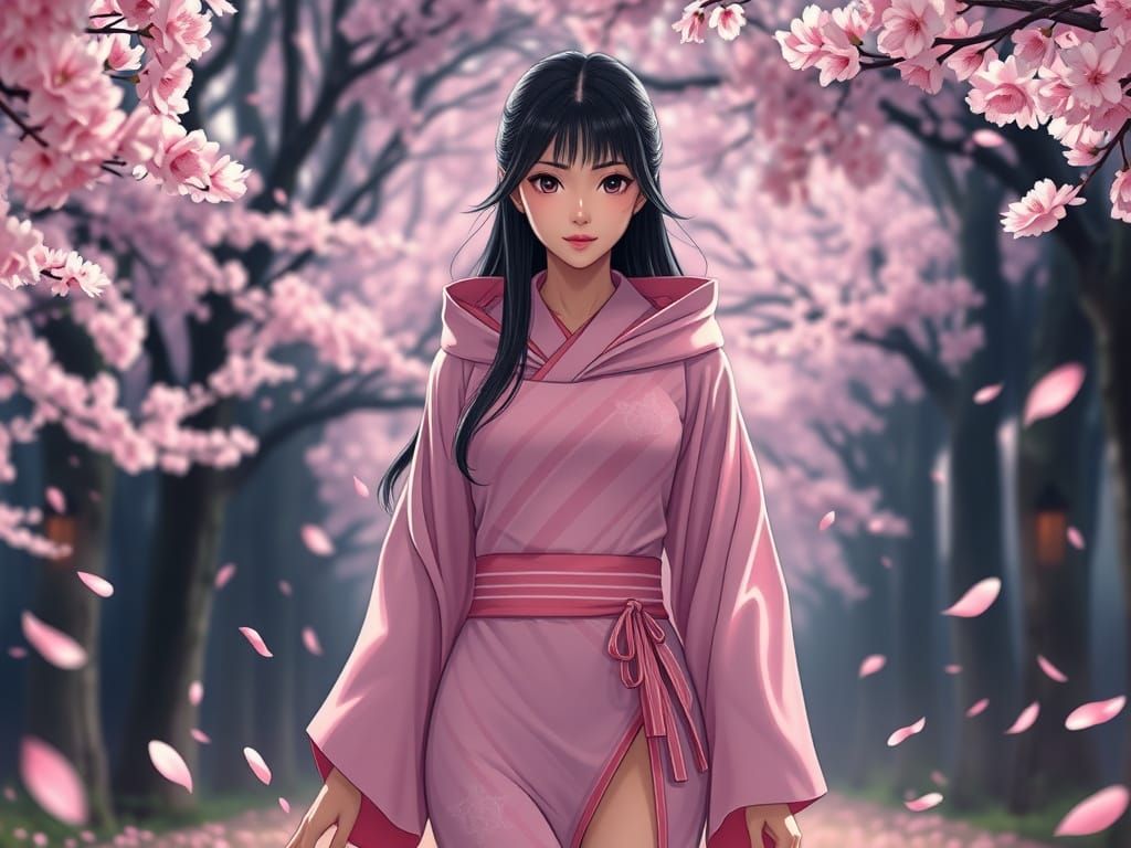 Beautiful Woman in Cherry Blossom Forest Kimono