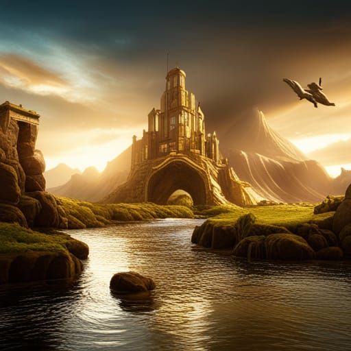 Fantastical Golden Doodle in Detailed Matte Painting