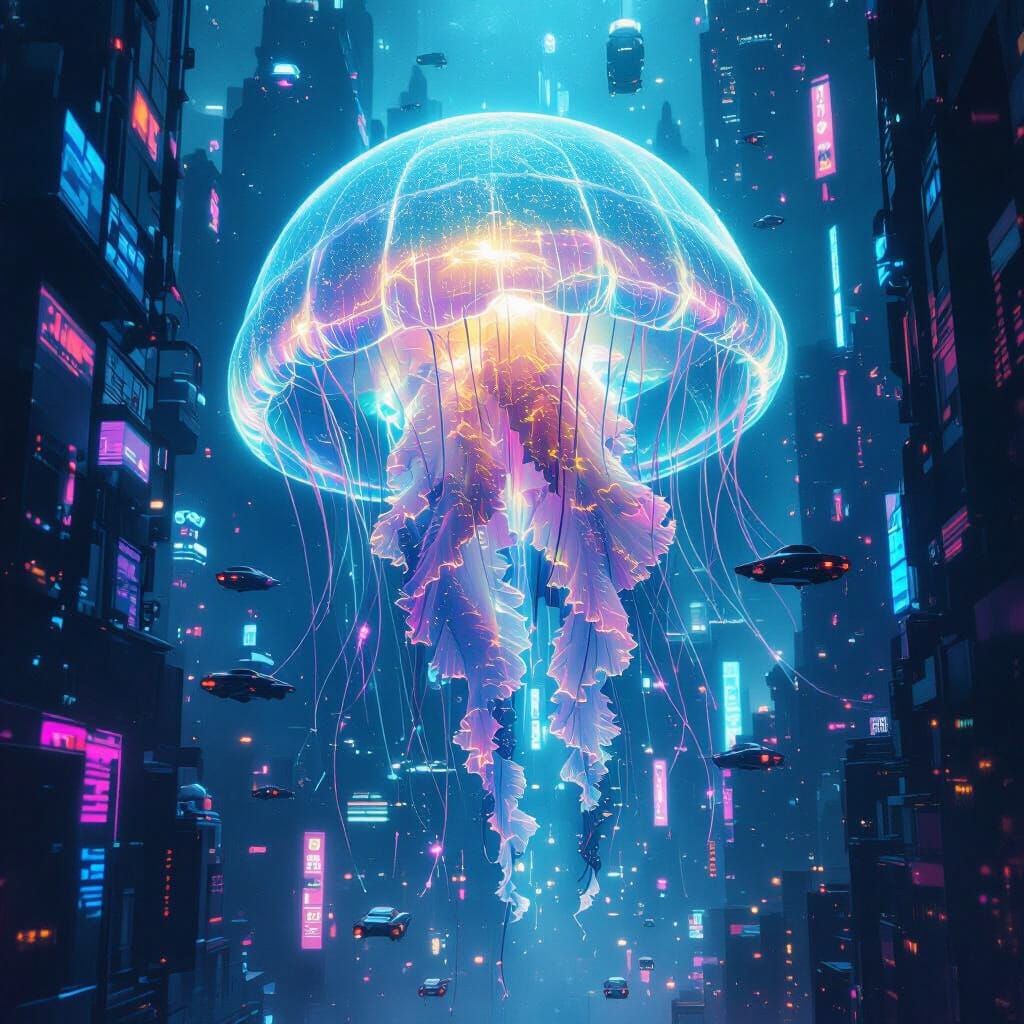 Giant Jellyfish Drifting Through Cyberpunk City