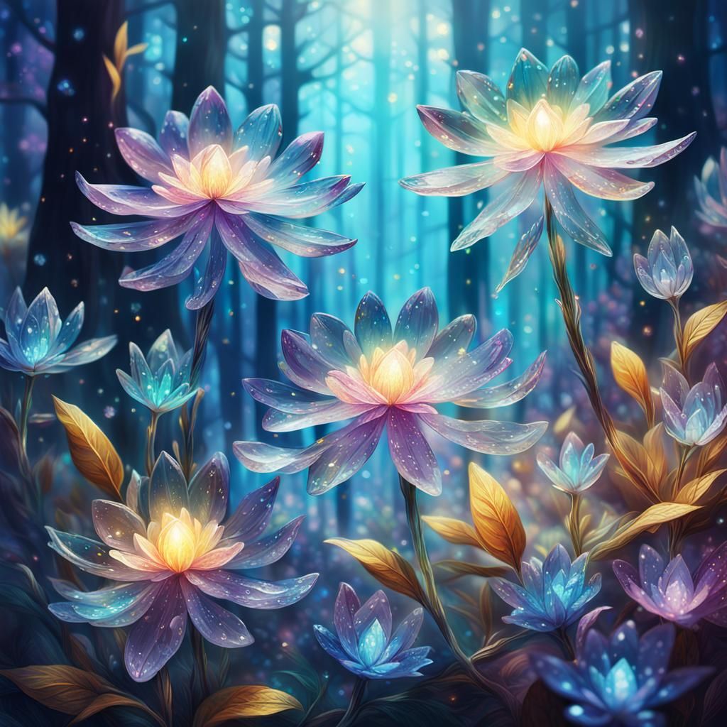 Crystal Flowers Bloom in Mystical Forest
